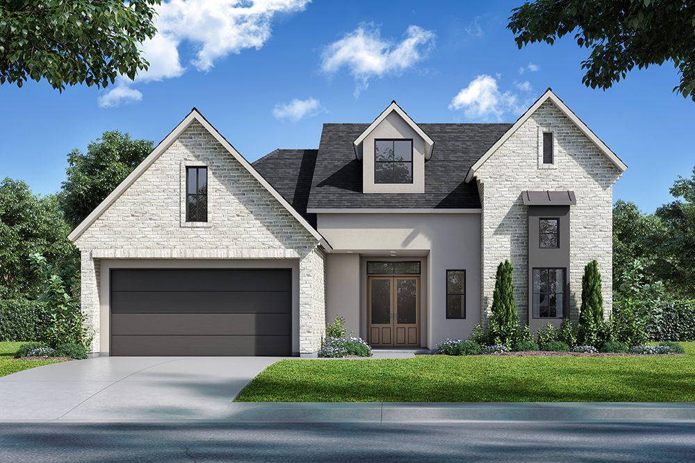 Lot 60 Estates at Watercross 2025 Parade Home This modern European-inspired home features a striking exterior design with a blend of light brick, smooth stucco, and clean architectural lines. The steep gable rooflines paired with black shingles and dormer windows add both height and sophistication.